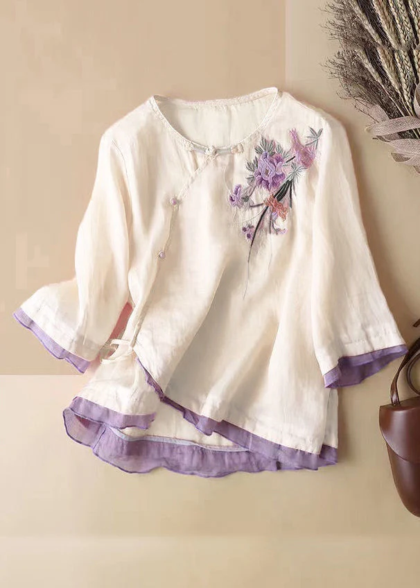 Women's Cotton Linen Linen Embroidery Button Short Sleeve Shirt