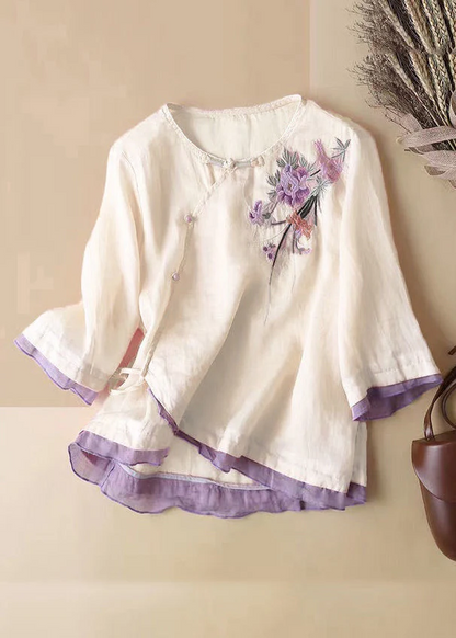 Women's Cotton Linen Linen Embroidery Button Short Sleeve Shirt