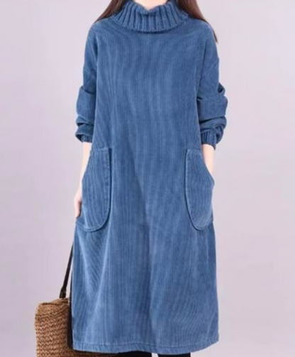 Women's Plus Size Patchwork Thick Corduroy Dress High Neck Long Sleeve