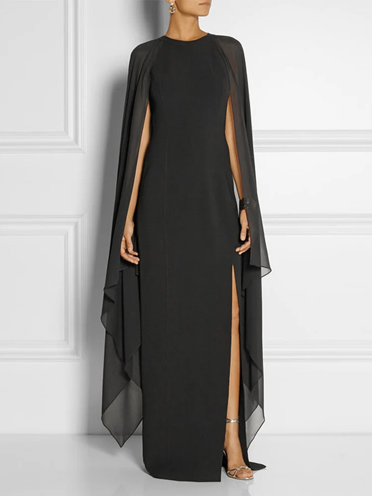 French Split Hem Cape Sleeve Extra Long Dress