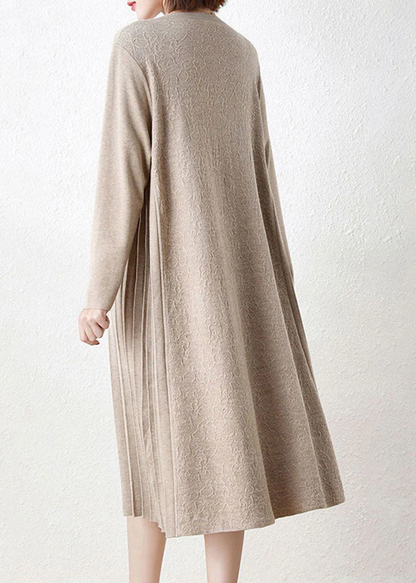 Italy V-Neck Patchwork Crinkle Wool Long Knit Dress Long Sleeve