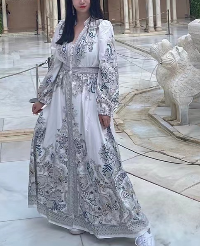 French Printed Button Up Long Sleeve Long Dresses