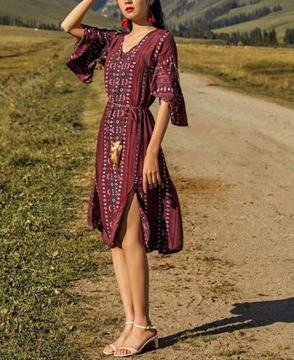 Bohemian V-Neck Printed Beach Short Sleeve Dress