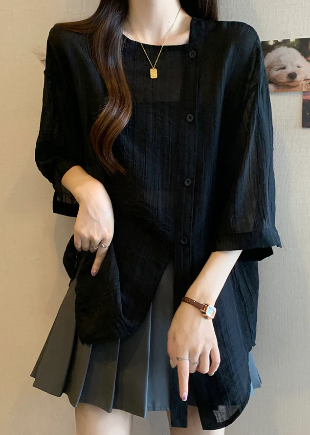 Women's Black Patchwork Shirt Asymmetrical