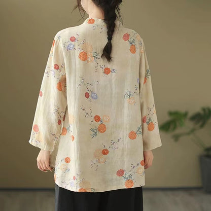 Loose Standing Collar Printed Long Sleeve Cotton Blouse Top