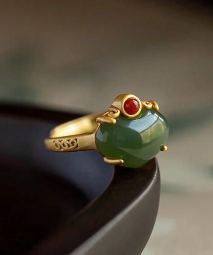 Women's Green Sterling Silver Gold Plated Jade Ring Versatile