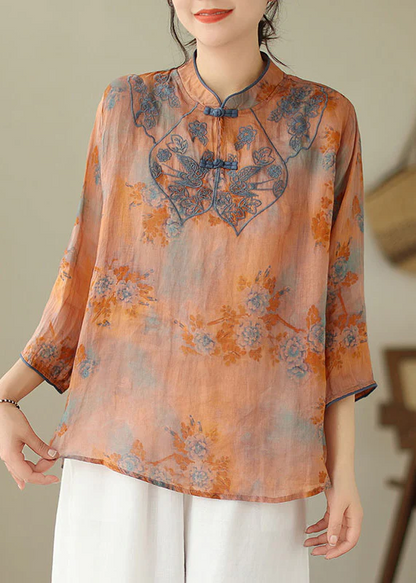 Loose Stand Collar Embroidered Printed Cotton Shirt Top