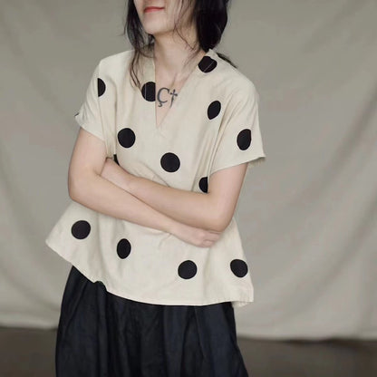 Women's Vintage V-Neck Dot Linen Slant Open Shirt