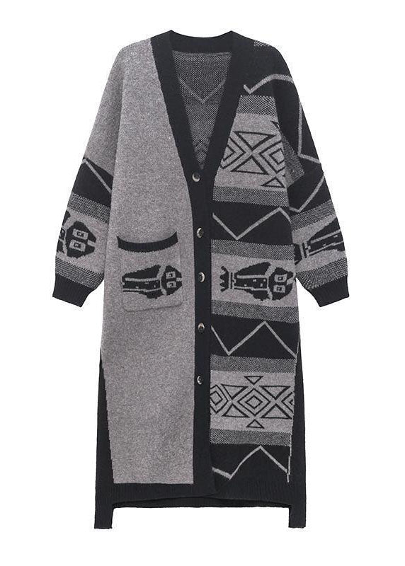 Women's Gray V Neck Asymmetric Design Printed Knit Long Jacket Long Sleeve Spring