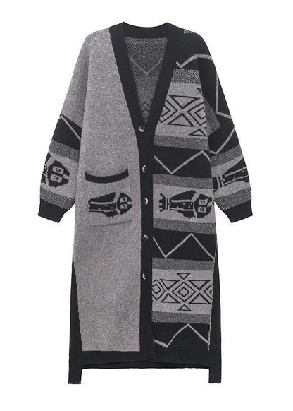 Women's Gray V Neck Asymmetric Design Printed Knit Long Jacket Long Sleeve Spring