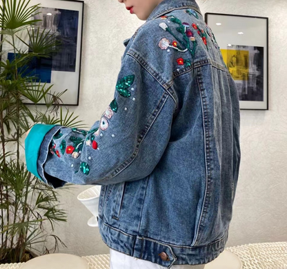 Loose Embroidered Floral Beaded Color Block Denim Jacket