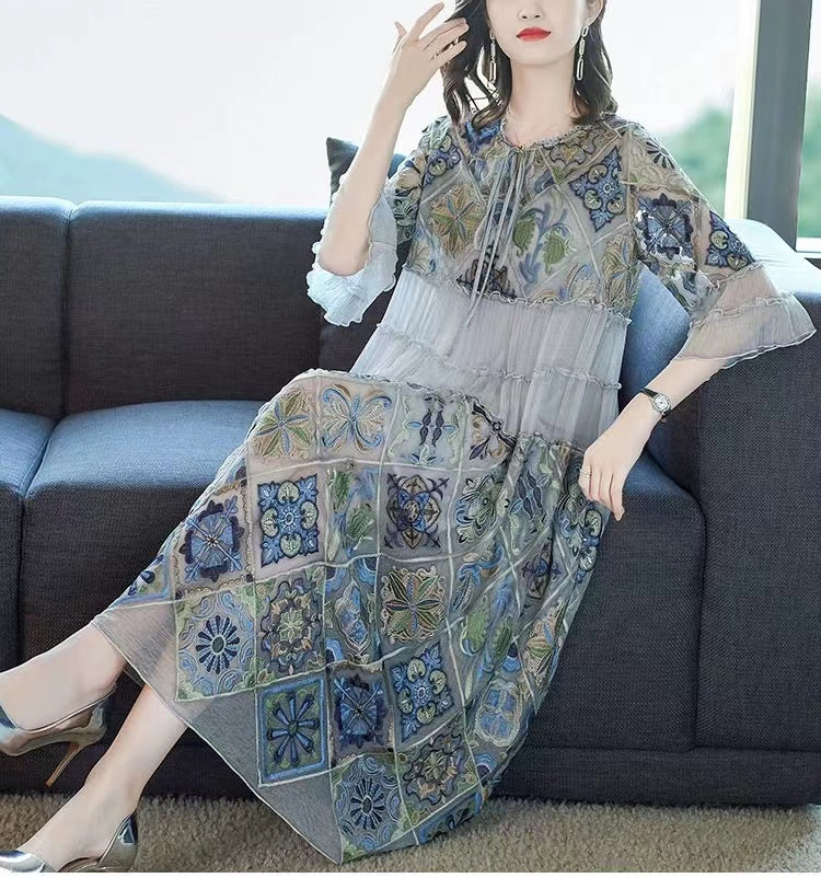 Elegant Tie Patchwork Printed Ruffle Short Sleeve Dress