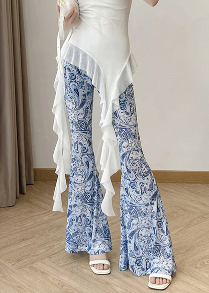 Women's Fashion Blue Printed High Waisted Flared Pants
