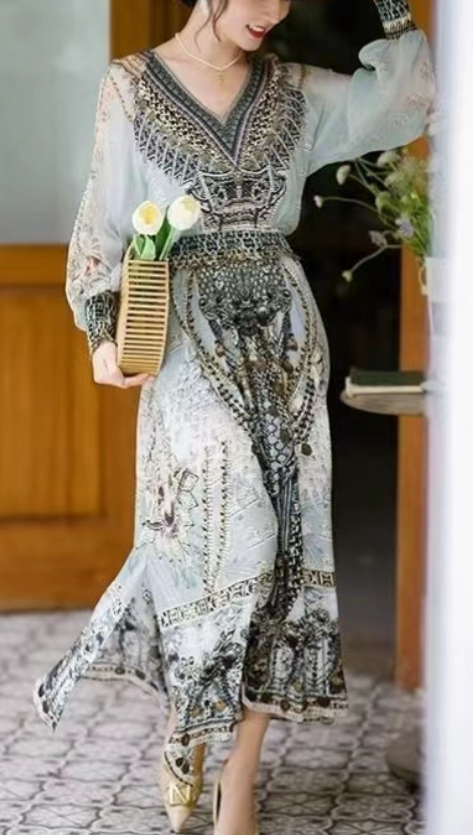 Elegant V-Neck Printed Long Sleeve Dress
