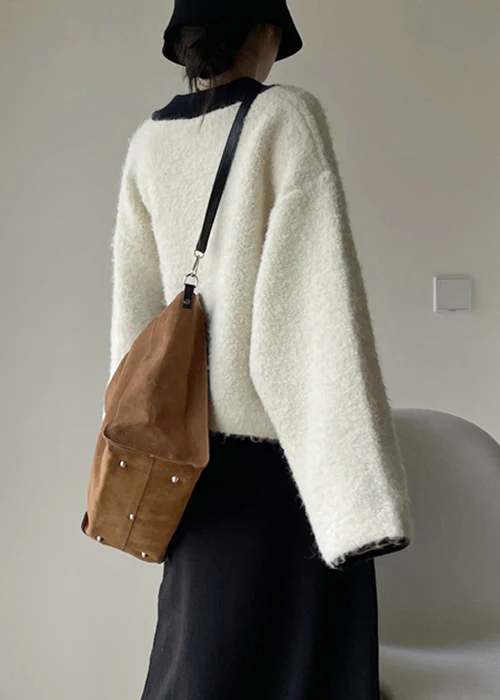Women's White Buttoned Thick Patchwork Tweed Coat