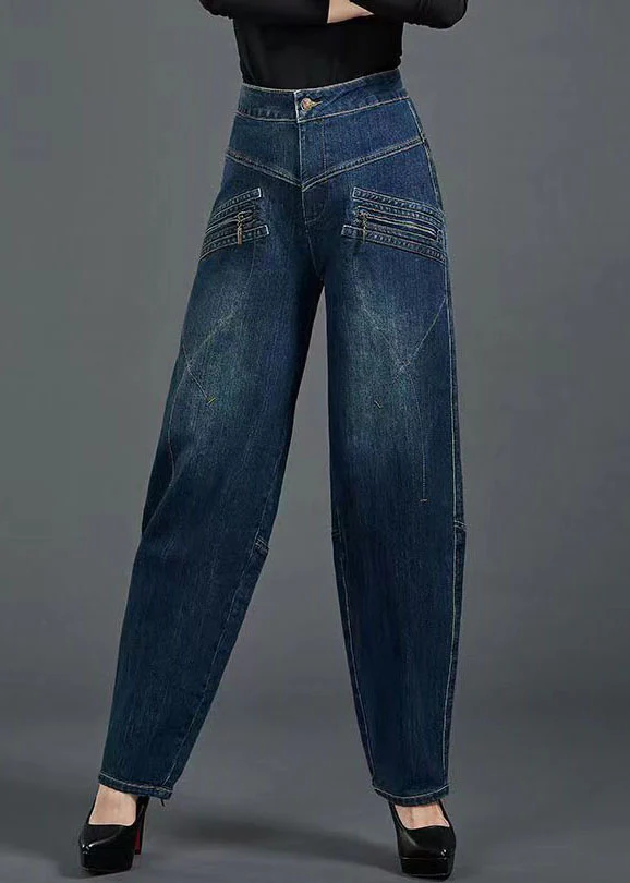 Organic cotton denim blue high waisted slim fit zipper pocket cotton jeans
