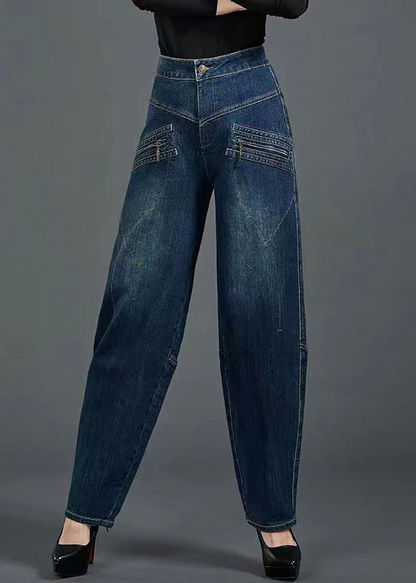 Organic cotton denim blue high waisted slim fit zipper pocket cotton jeans
