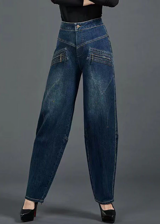 Organic cotton denim blue high waisted slim fit zipper pocket cotton jeans