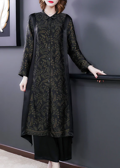 Elegant Black Printed Button Silk Long Shirt Wide Leg Pants Two Piece Set Long Sleeve