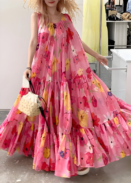 Women's Beach Boho Pink Printed Crinkle Patchwork Halter Dress