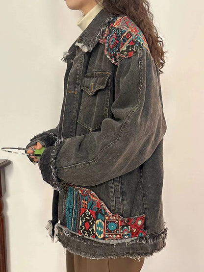 Loose Quilted Edge Worn Color Blocked Denim Jacket