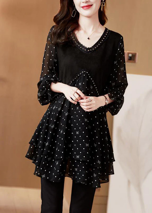 Polka dot black v-neck patchwork layered design chiffon long sleeve top