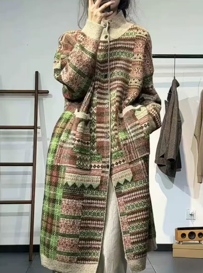 Loose Large Size Geometric Pocket Cardigan Silk Sweater Winter