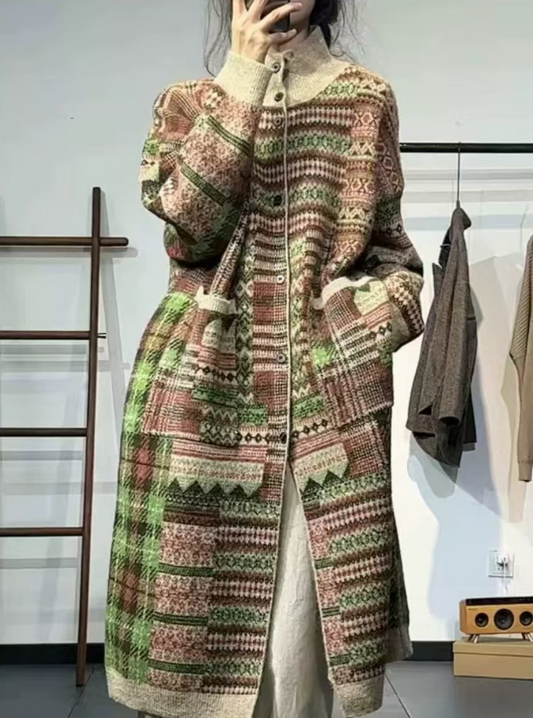 Loose Large Size Geometric Pocket Cardigan Silk Sweater Winter
