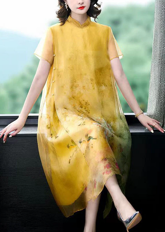 Chinese Style Party Yellow Standing Collar Button Printed Silk Maxi Dress