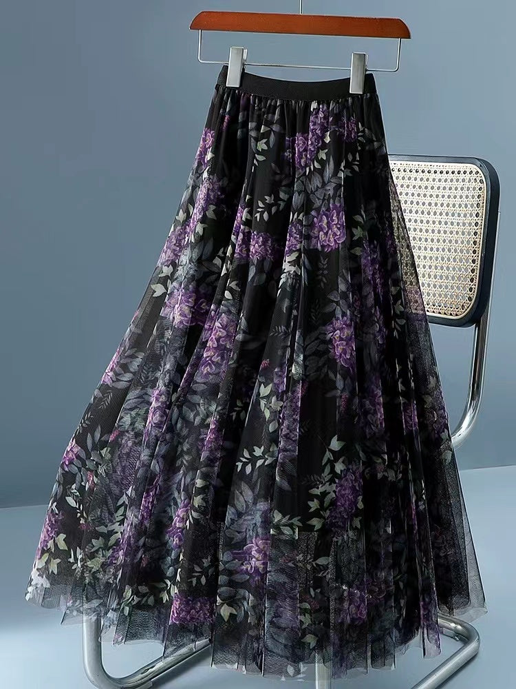 Fashion Mesh Printed Pleated Double Layered Hem Skirt