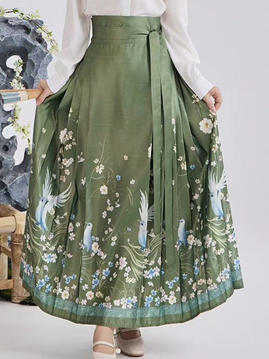 Elegant Printed Color-Crossing Pleated Skirt