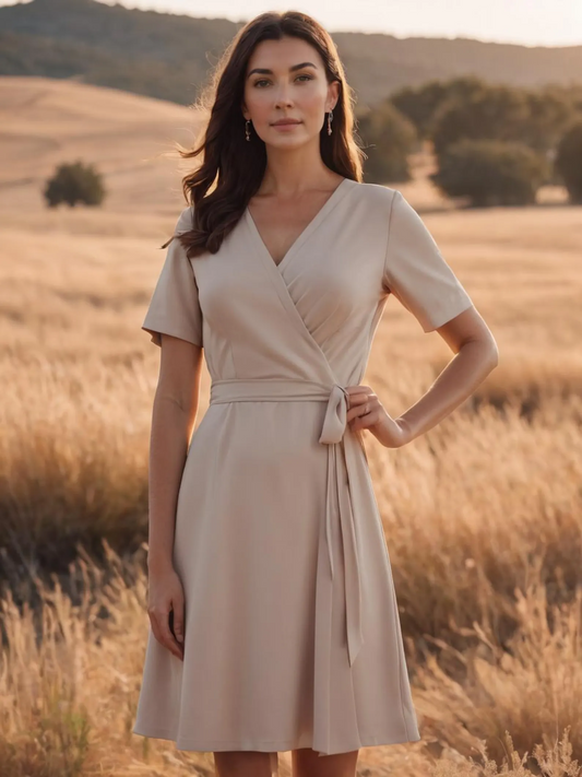 Eternity Neck Wrap Dress, Casual Chic Midi Dress, Linen