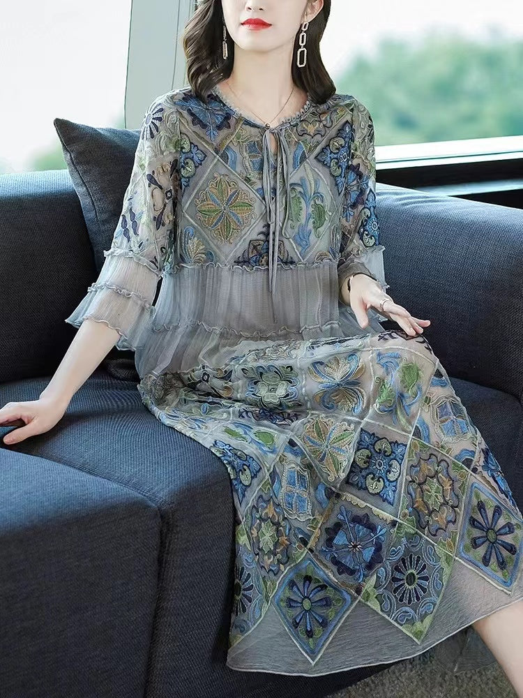 Elegant Tie Patchwork Printed Ruffle Short Sleeve Dress