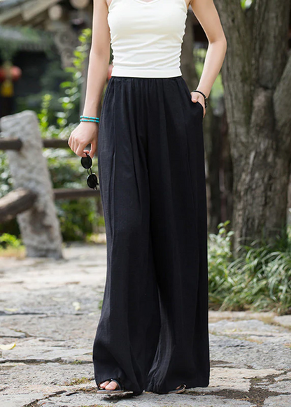 Elegant Elastic Waist Linen Loose Wide Leg Pants