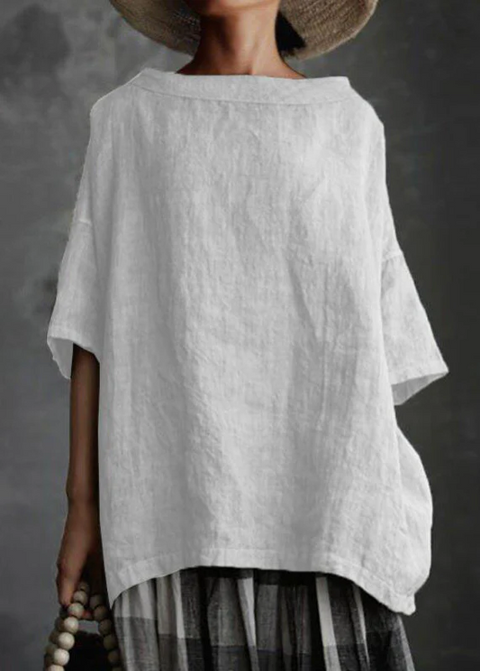 Plus Size Gray Round Neck Solid Color Patchwork Cotton Short Sleeve
