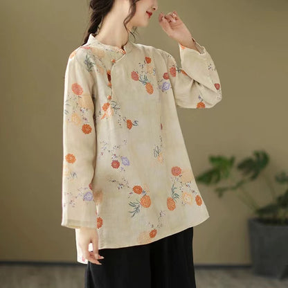 Loose Standing Collar Printed Long Sleeve Cotton Blouse Top