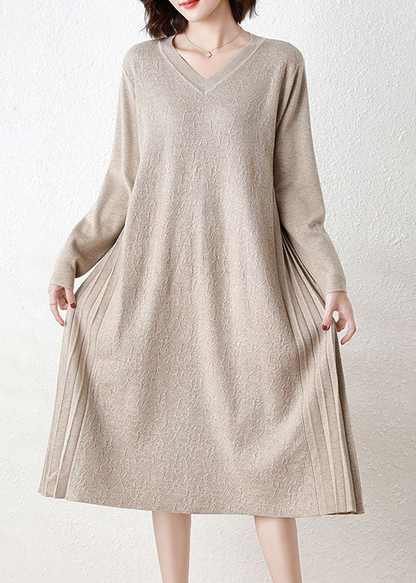 Italy V-Neck Patchwork Crinkle Wool Long Knit Dress Long Sleeve