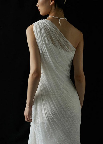 Women's Italian White One Shoulder Ruched Long Dress Summer