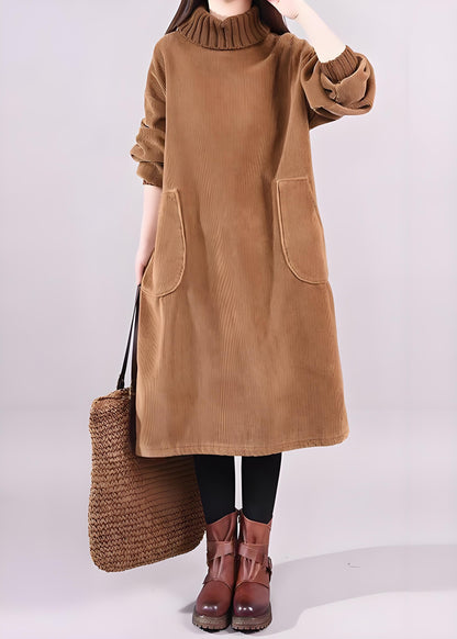 Women's Brown Thick Corduroy Dress High Neck Long Sleeve