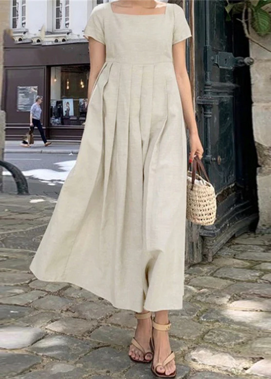 French Square Neck Wrinkled Cotton Short Sleeve Maxi Dress