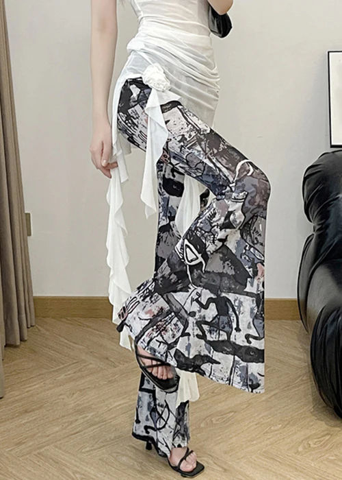 Women's Fashion Blue Printed High Waisted Flared Pants