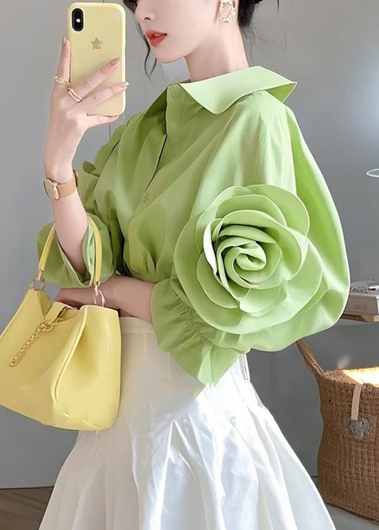 Floral Peter Pan Collar Button Cotton Short Sleeve Shirt