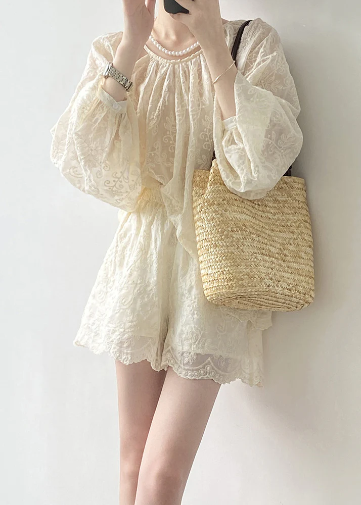 Women's Original Beige Embroidered Top and Shorts Cotton Two-Piece Set