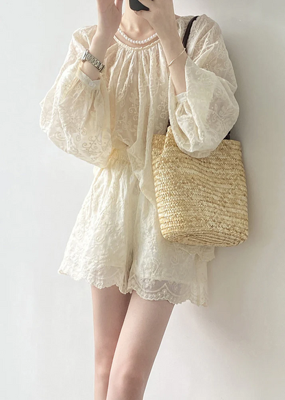 Women's Original Beige Embroidered Top and Shorts Cotton Two-Piece Set