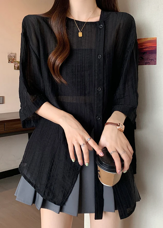 Women's Black Patchwork Shirt Asymmetrical
