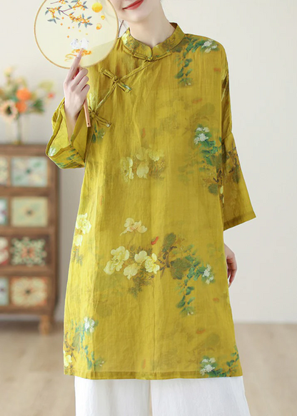 Loose Standing Collar Printed Button Linen Long Sleeve Long Shirt