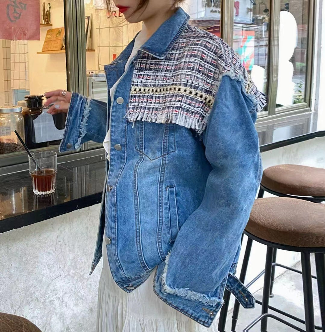 Casual Embroidered Fringe Spliced Denim Jacket