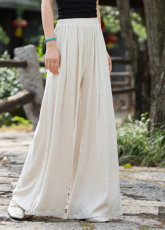 Elegant Elastic Waist Linen Loose Wide Leg Pants