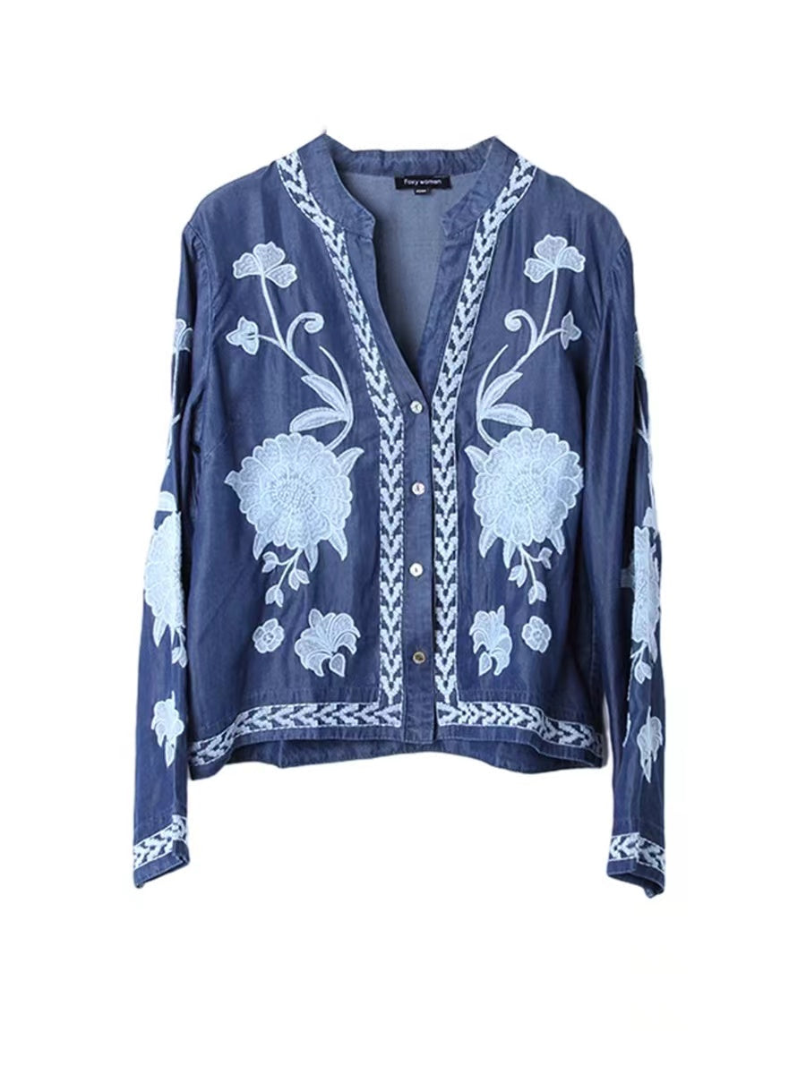 Fashion V-Neck Embroidered Floral Cardigan Long Sleeve Shirt Denim