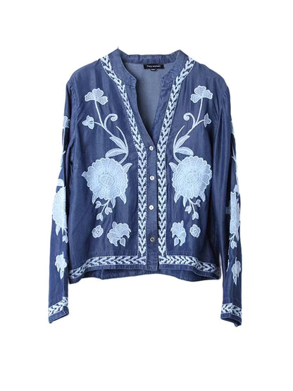 Fashion V-Neck Embroidered Floral Cardigan Long Sleeve Shirt Denim